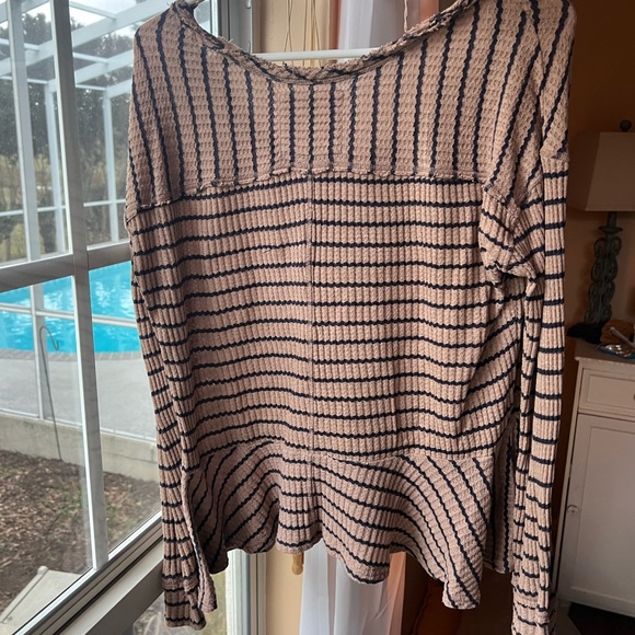 We the Free Thermal Tan Blue Striped Waffle Peplum Long Sleeve Top - Picture 5 of 6